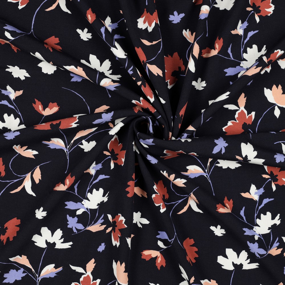 Viskose Popeline Stretch | Blumen, dunkelblau 