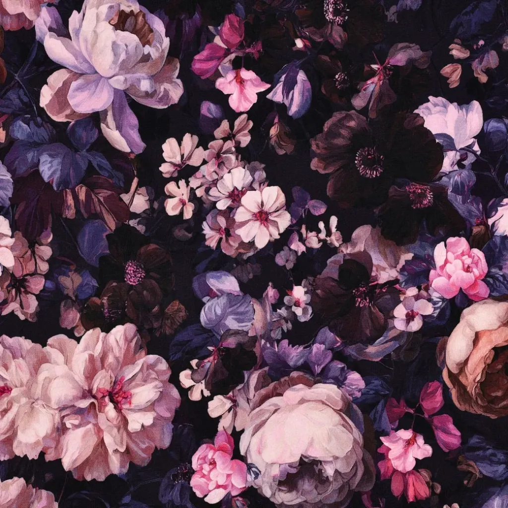 [01946/006] Sweatshirt Stoff „Midnight Bloom“ – Dunkler Sweat mit romantischem Blumenmuster