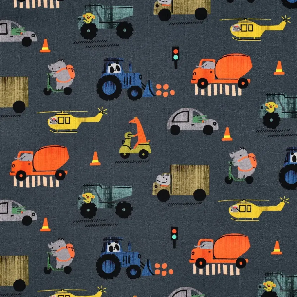 Jersey „Kleine Straßenhelden“ – Blauer Baumwolljersey mit Autos, Lastern, Helikopter & Co