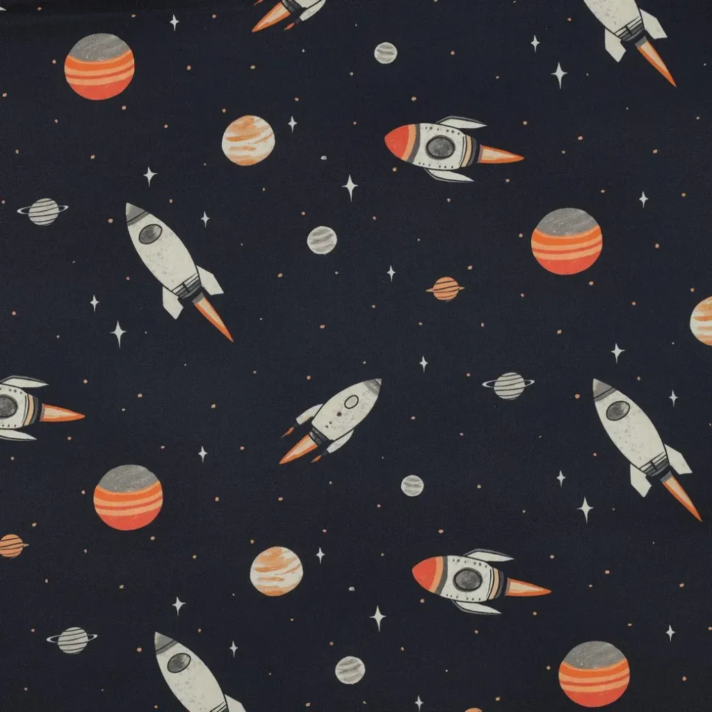 Baumwollstoff „Space Adventure“ – Dunkelblau mit Raketen & Planeten