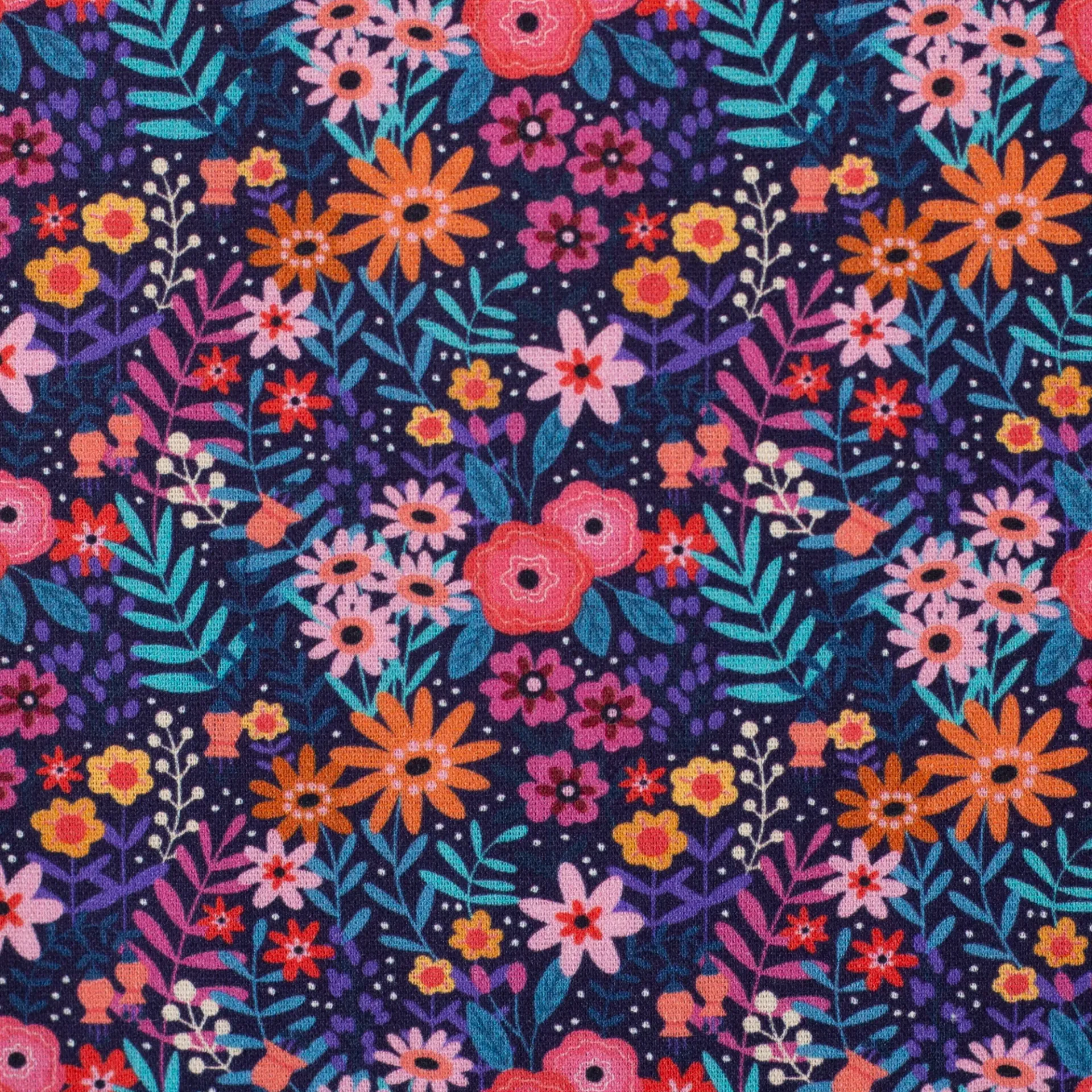 Baumwollstoff „Happy Blooms“ – Bunte Blumen auf Dunkelblau