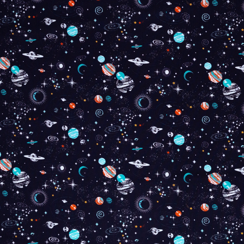Bodo, cotton woven fabric, space, planets, dark blue