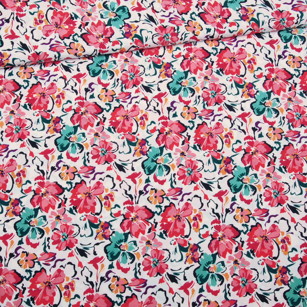 Viscose | Fleurs graphiques par Editex | fleurs | corail, bleu, blanc