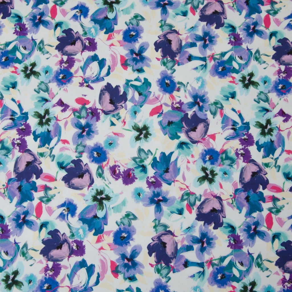 Satin de coton, coton stretch| Alva par Hilco| Fleurs, bleues