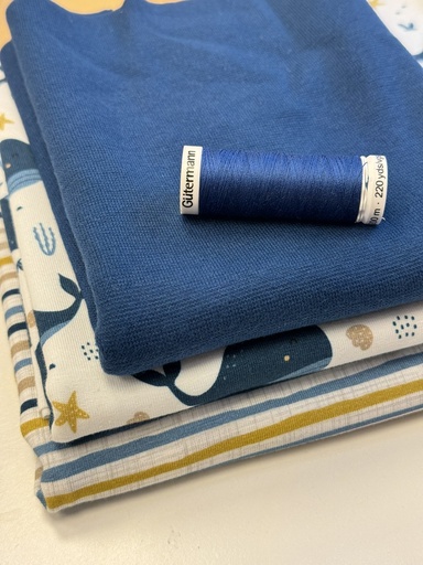 [5001 005] Paquet de tissu | Jersey baleines maritimes, rayures avec poignets et fil assorti